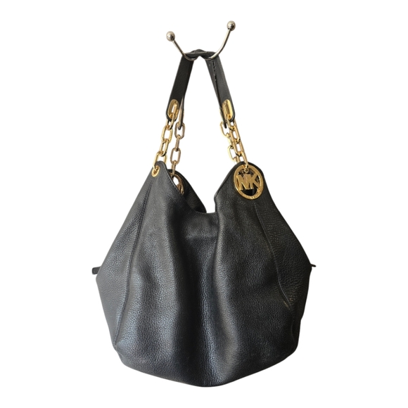 Michael Kors Handbags - MICHAEL KORS FULTON BLACK PEBBLE LEATHER CHAIN BAG TOTE EXTRA ROOMY EUC